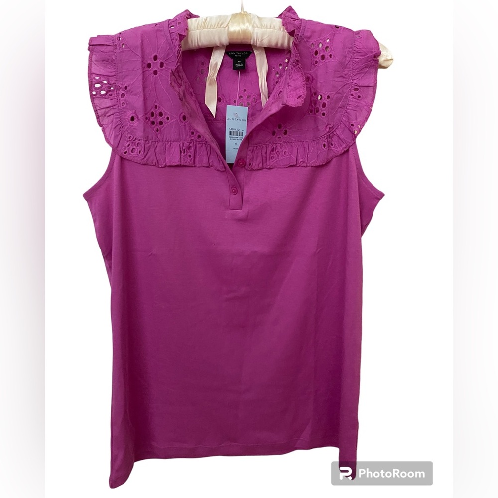 Ann Taylor Petite Medium Eyelet Yoke Pima Cotton Shell